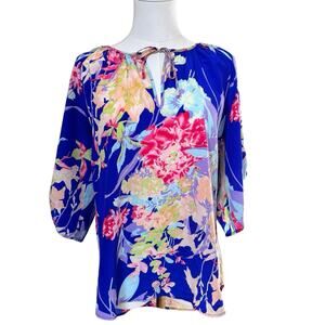 Yumi Kim Joey Blouse Small Blue Floral Tie V-neck Kimono Short‎ Sleeve 100% Silk